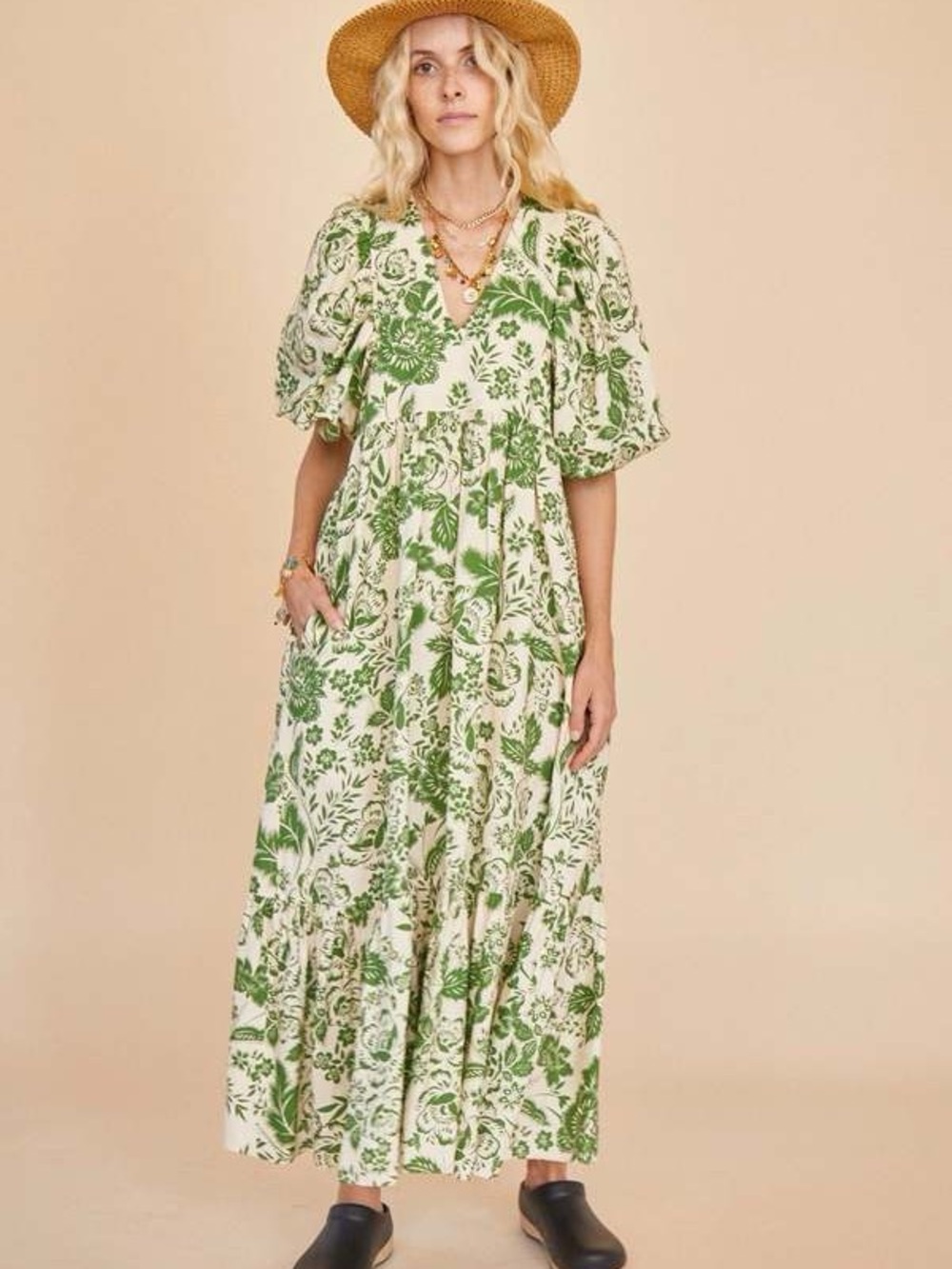 HUNTER BELL NEW YORK Palmer Maxi Dress Green Garden Size XS Puff Sleeves Linen